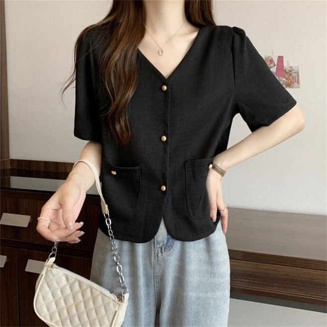 besteffie 트위드자켓 여성 여름 골드버클 심플 캐주얼 아우터 크롭 숏자켓 빅사이즈 반팔 트위드재킷 C88