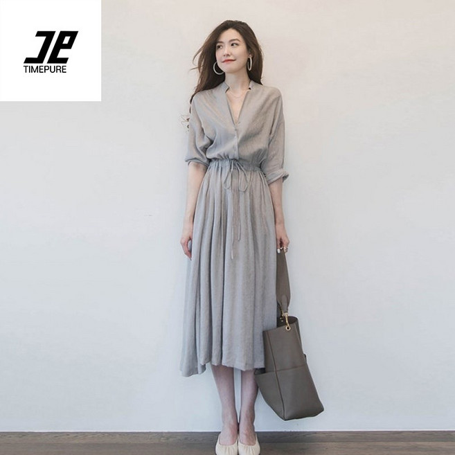 봄 가을 모던 원피스 여 고급 허리 조임 루즈핏 날씬해 보이는 기질 린넨 스커트 개량 일상복 나들이룩 긴발 원피스