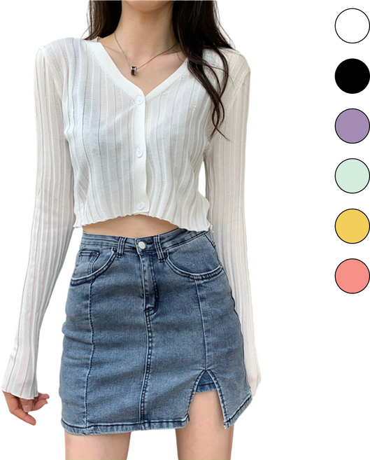 칩썬데이 여성 여름 브이넥 골지 아이스 얇은 크롭 가디건