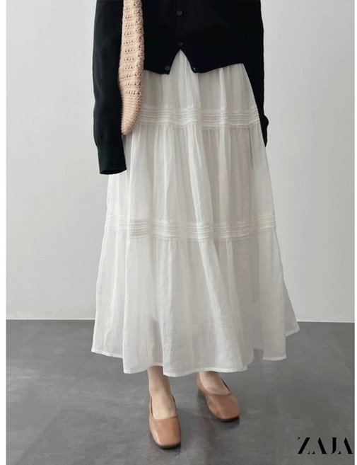ZAJA 여성 화이트 스커트 롱 봄 여름 A라인 레이스 치마