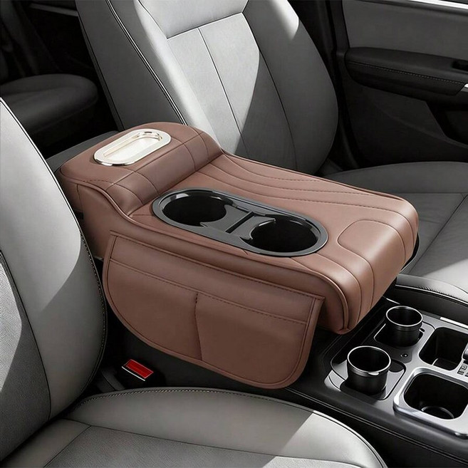 자동차 팔걸이 박스 매트 다기능 차량용 컵홀더 휴지 케이스 편안한 팔걸이 콘솔 쿠션, 1개, 갈색