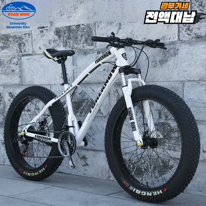 PEAK 팻바이크 풀샥 산악 자전거 MTB 광폭 타이어, 스포크, 화이트 26인치, 1개