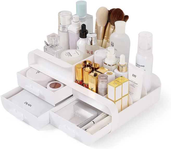 HOSTK 서랍이있는 데스크톱 스타일의 화장품 및 세면기 보관함, 화이트