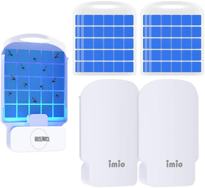 Imio 자외선이 있는 실내 비행 곤충 트랩 초파리 모기 나방 및 집파리 캐처 가정 주방 침실 식물 공간용 플러그 인 벌레 포수 장치 1개 + 양면 스티커 카드, 장치 2개 및 리필 6개