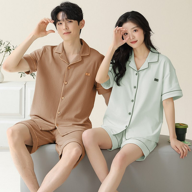 YANGTA 여름 순면 소프트 컴포트 반팔 잠옷 커플 홈웨어 상의와 하의