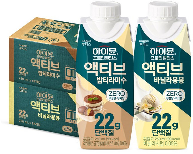 하이뮨 프로틴 밸러스 액티브 바닐라봉봉 제로+밤티라미수 제로, 36개, 250ml