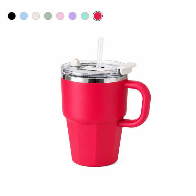 스테인리스 손잡이 빨대 텀블러 600ml 대용량 휴대용 캠핑 컵, 1개, 레드