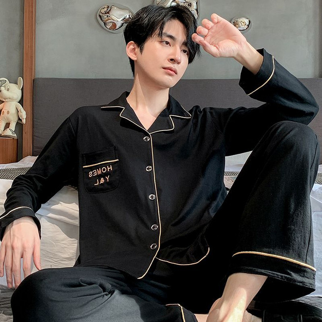 HOMES Y&L 男士純棉長袖睡衣套裝 春秋款寬鬆家居服, 1個, SPZ#黑色純棉 【男士套裝】3XL 【建議160-190斤】