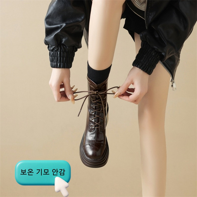 POMTOR 여성용 레이스업 라운드토 통굽 부츠 스판 앵클부츠 가을겨울 데일리룩