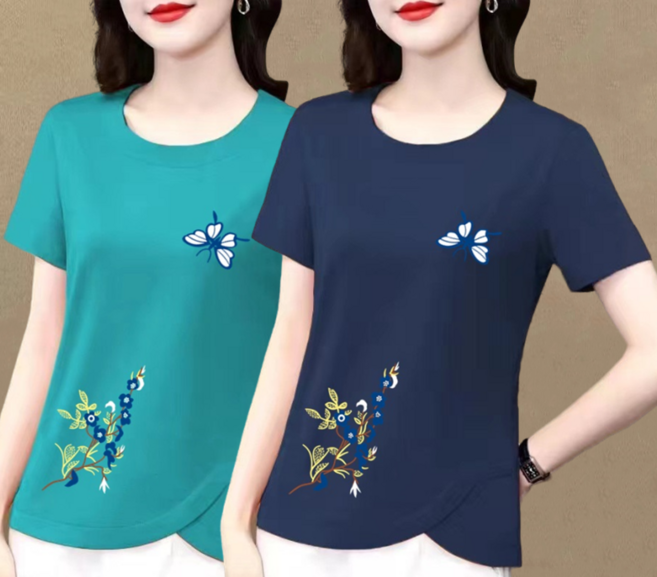 1+1 중년 여성 여름 반팔 티셔츠 중년 여성복 라운드 반팔티 루즈핏 슬림 상의 캐주얼 레깅스 투피스 LJX