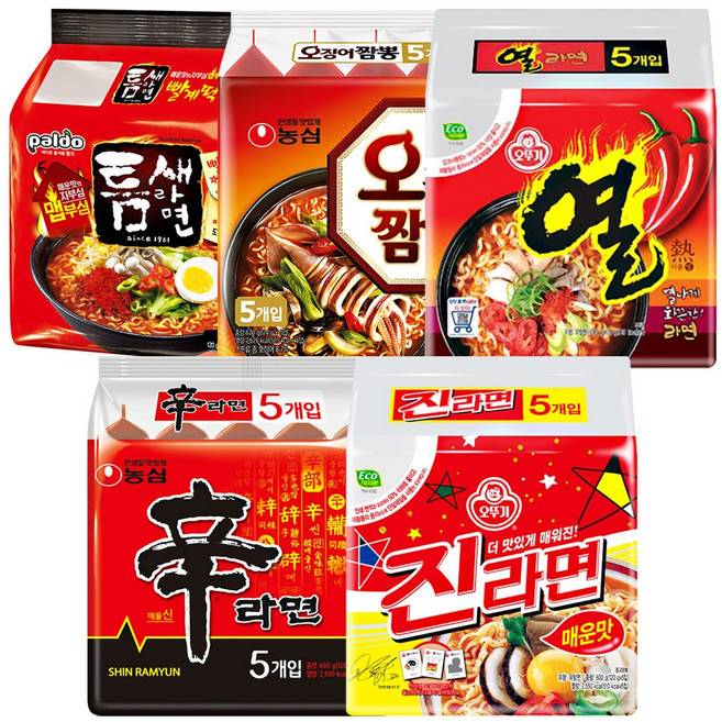 신라면5+열라면5+오징어짬뽕5+진라면매운맛5+틈새라면5, 1세트