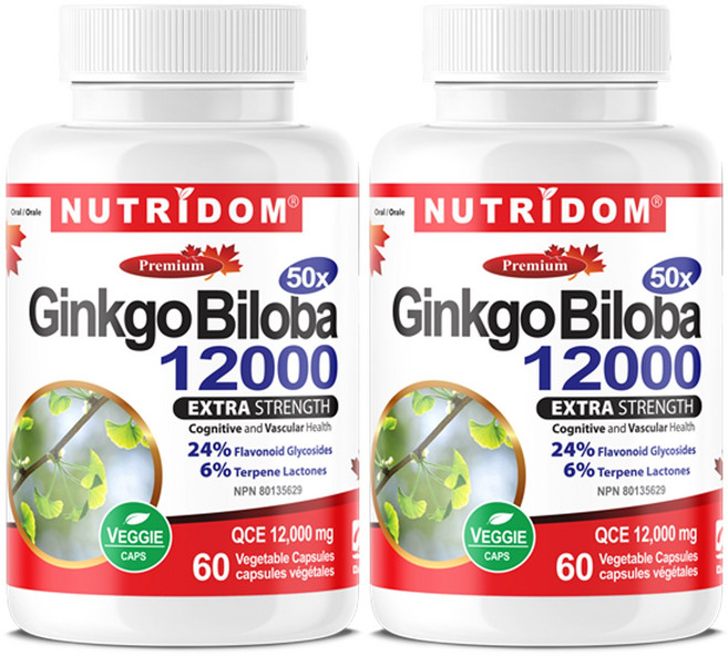 (2병특가) 뉴트리돔 징코 빌로바 12000 50배고농축 은행잎추출물 은행잎진액 은행잎액기스 Ginkgo Biloba 60베지캡슐 캐나다 직구, 2개, 60정