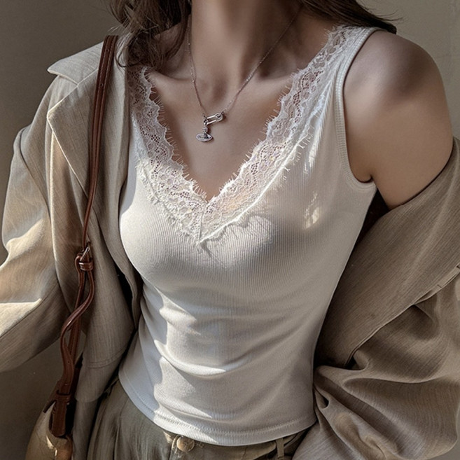 은무드 여성 브이넥 레이스 골지 이너 나시