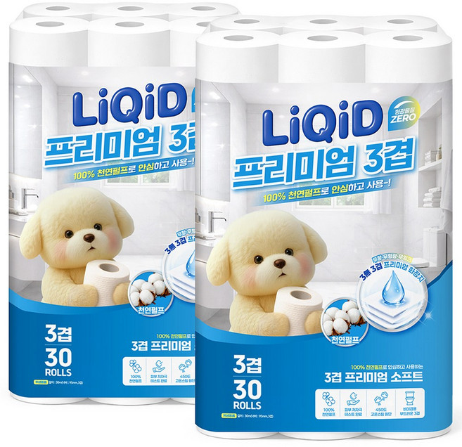 화장지 천연펄프100% 리퀴드 3겹 티슈 30m 두루마리 고급롤화장지, 2개, 30개입