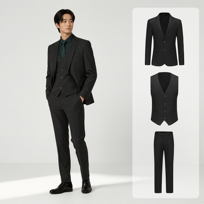 Cloudstyle 투버튼 캐주얼 쓰리피스 남성 정장세트 재킷+조끼+바지 면접 출근룩 남자수트 3피스 결혼식 하객 남성 슈트 (4컬러)