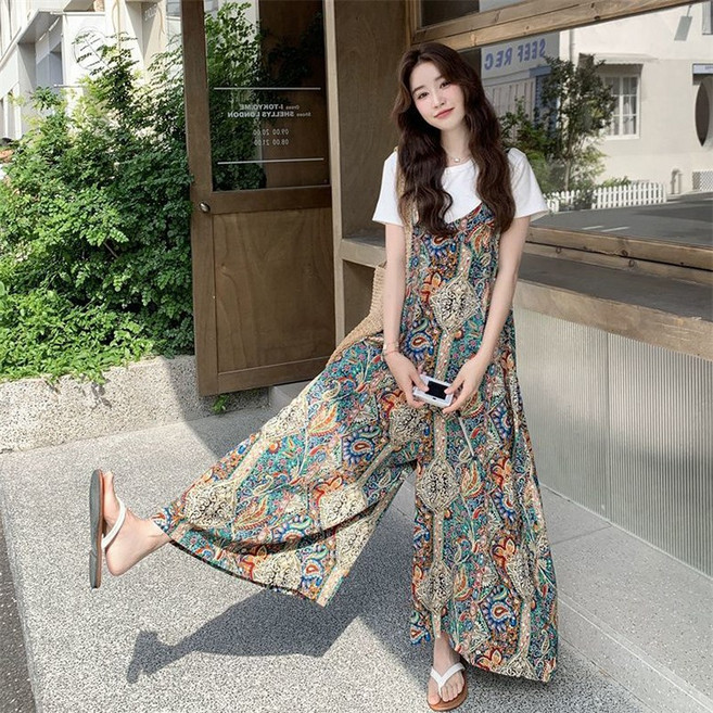 ORZQU 여름 여성 멜빵바지 패션 루즈핏 프린트 와이드 점프슈트