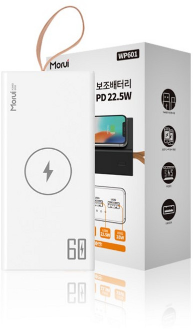 모루이 고속무선충전 대용량 보조배터리 60000mAh 멀티단자, 화이트, WP601