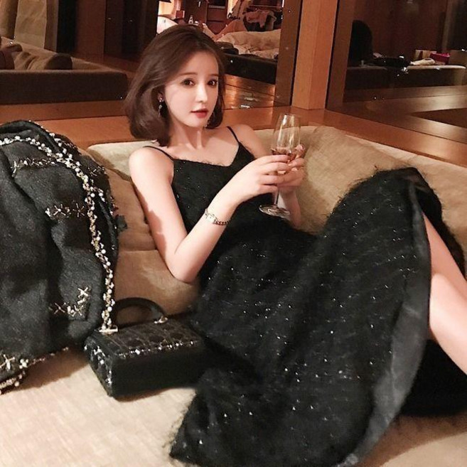 V領吊帶流蘇裙子女士夏日新款長裙, 黑色,XL 建議55.0-60.0公斤, 黑色