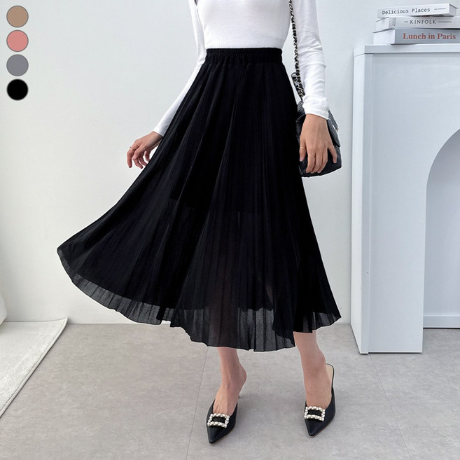 블레스유 여성 플리츠스커트 샤스커트 봄치마 여성 롱스커트 롱치마 스커트 주름치마