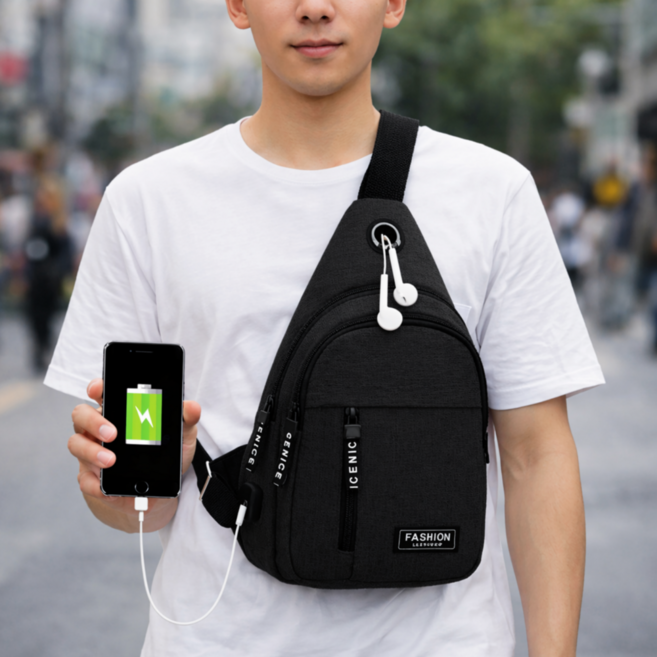 온그로우 대용량 2중지퍼 USB충전 크로스백