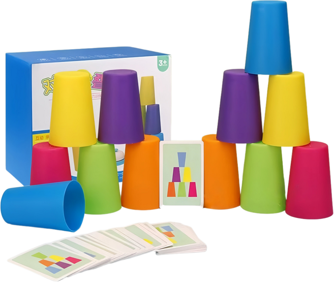 速疊杯 益智玩具 訓練反應 桌遊, 1個, 雙人對戰疊杯(12杯子+54卡片無搶答鈴, 6色