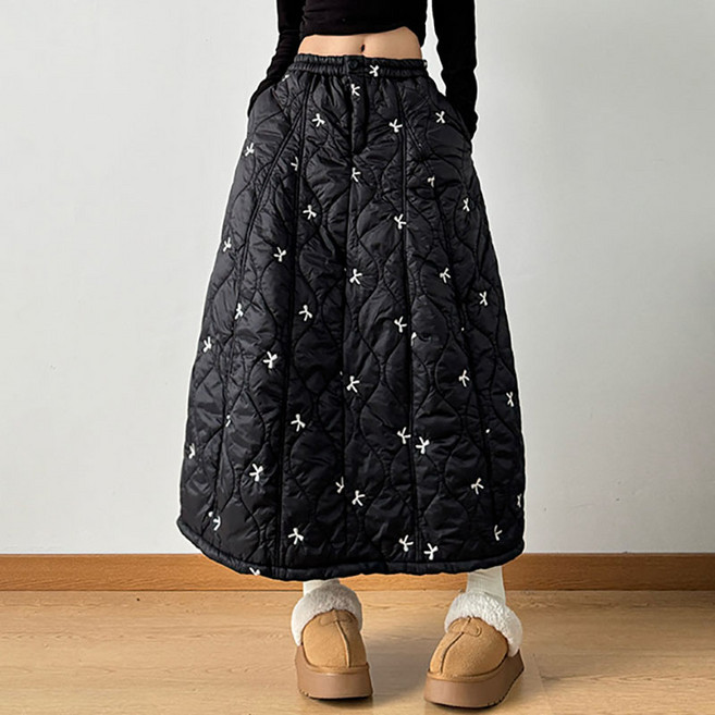 여성 빅사이즈 A라인 인조 다운 롱 스커트 방풍 보온 초경량 데일리 따뜻한 스커트 XINNIX