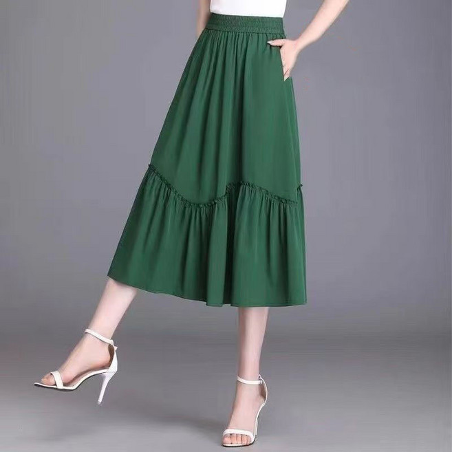 중년 여성 스커트 캐주얼 봄 여름 하이웨이스트 일자 치마 기질 플리츠 롱 스커트 CY