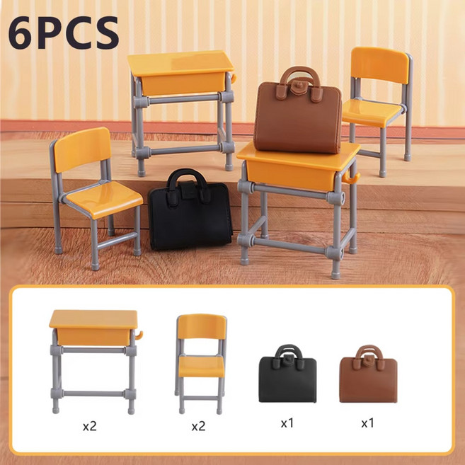 DIY 미니어처 디오라마 장식 꾸미기 액세서리 소품 가구 인형 집 모델 미니 피규어 오브제 미니어쳐, 1세트, 1/12 스케일 교실 책상 의자 가방 6개