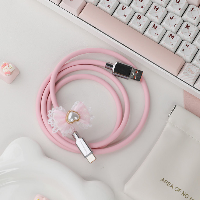 핑크 코일형 항공 케이블 기계식 키보드 USB C타입 데이터선, 1m, 1개