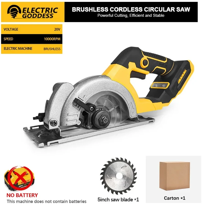 전기 여신 5인치 브러시리스 원형 톱 ﻿ 디월트 20V 배터리용 무선 1000W 휴대용 목공 전동 공구, [02] No battery, 02 No battery
