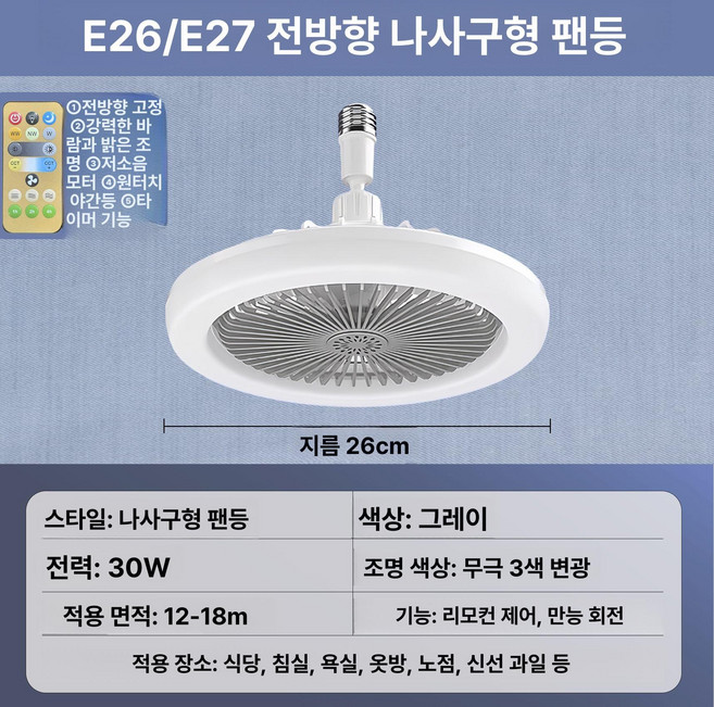 실링팬 소켓 거실 코드선 천장 식물등 안방 리모컨 전구 써큘레이터, 21-30W, 그레이 - 최고급 5날개 리모컨 포함, 기본 색상