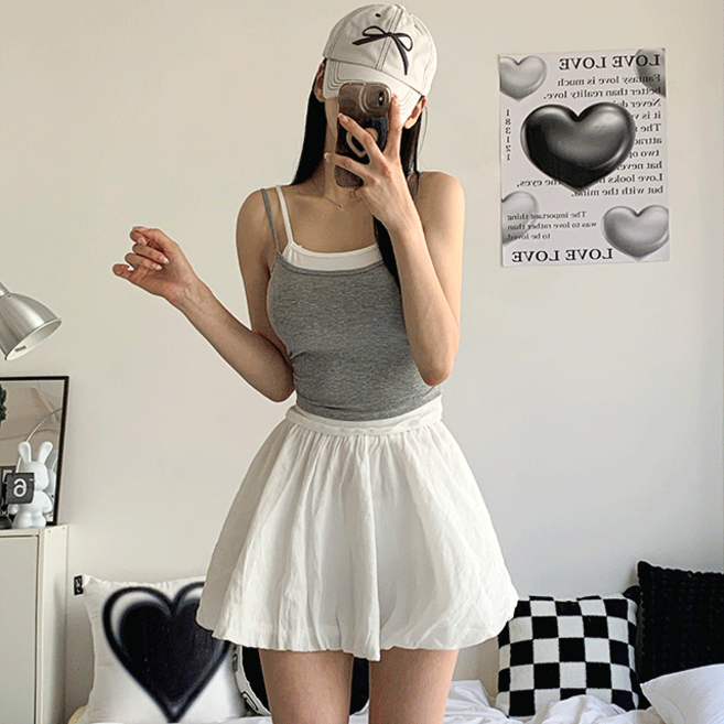 [캡내장/일체형/4col] 솔리드 슬림핏 일체형 레이어드 셔링 끈나시