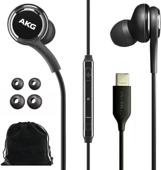 삼성 AKG 유선 이어버드 오리지널 USB 타입 C 인이어 헤드폰 리모컨 및 마이크 장착 음악 전화 통화 작업 - 소음 차단 딥 베이스 벨벳 휴대용 파우치 포함 블랙