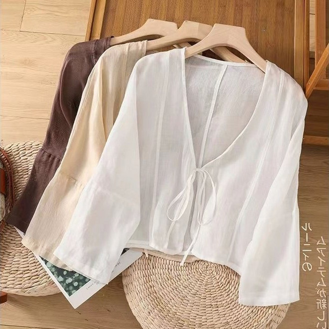 심플 리본 스트링 면 마 블라우스 카디건 셔츠 루즈핏 얇은 숏코트 캐주얼 남방