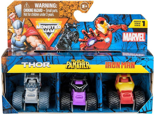 정품++ Monster Jam 몬스터잼 마블 미니 몬스터 트럭 3팩 토르 블랙 팬서 아이언맨 다이캐스트 트럭 1:87 스케일 이상, 정품++ Monster Jam 몬스터잼 , 마블 미니, 1개