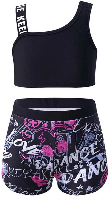 발레 댄스 체조 운동 복장 스포츠 운동복 댄스웨어 브래지어 반바지 핫팬츠 무대 의류, 색상: 3. Black Music / 크기: C. 14