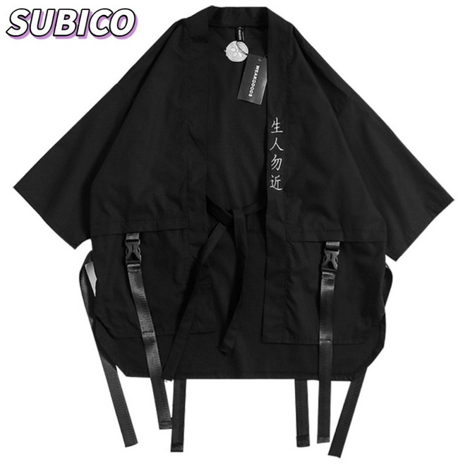 슈비코 남자 일본 사무라이 테크웨어 가디건 하오리 유카타 하카마 하네스 스트랩 자켓 상의