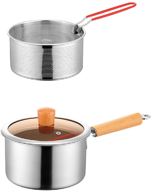 MUSI 油炸鍋 附網籃 適用電磁爐瓦斯爐, 304加厚不鏽鋼油炸鍋-圓形, 1個