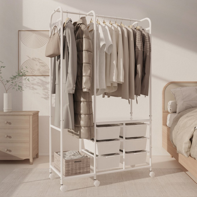 무베즈 올인원 이동식 서랍형 행거 올화이트, 서랍 3단 확장형