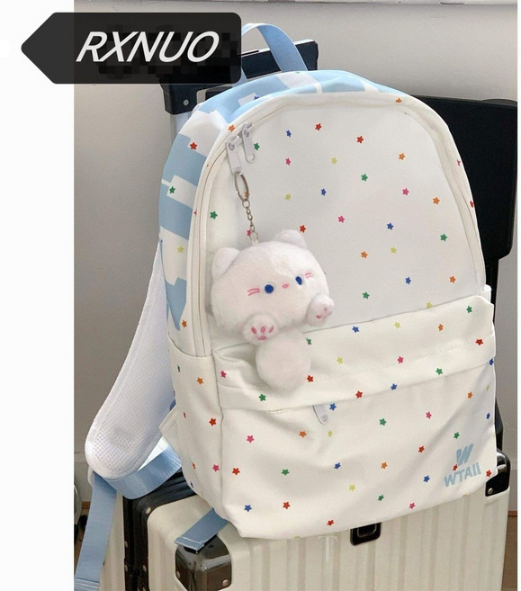 星星雙肩包女 簡約百搭 休閒背包 初高中生上課書包, 1個, 款二/少女粉+黑碳掛件