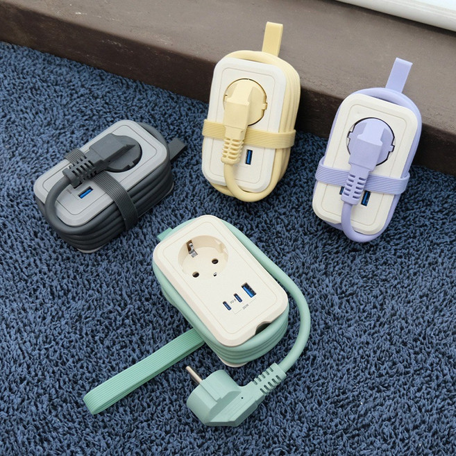 [에코너] MT11 전선1.5M정리형 휴대용 멀티탭 4000W 고용량 (1구C타입포트USB포트), 크림라벤더