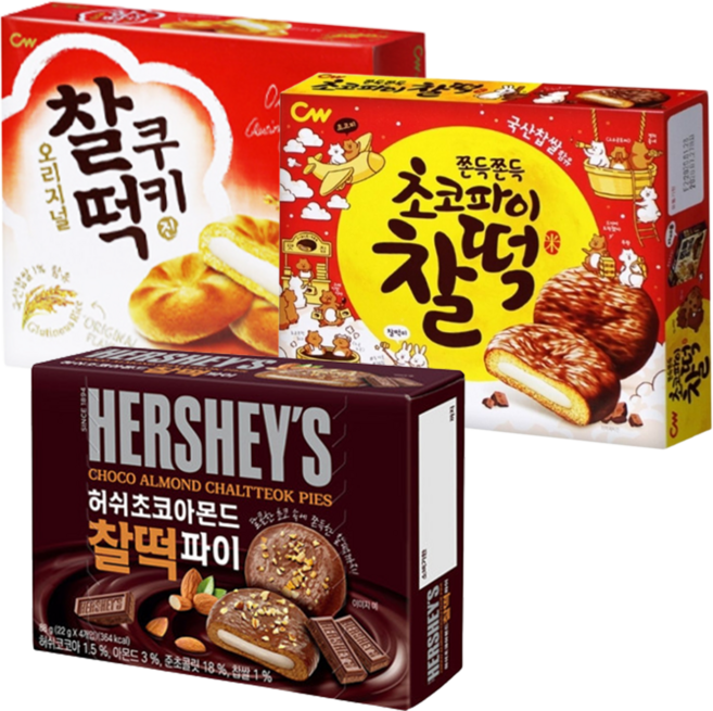 청우 초코파이 찰떡 215g+찰떡쿠키 215g+허쉬초코아몬드찰떡파이 220g (총 3개), 650g, 1세트