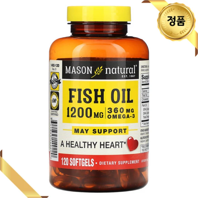 Mason Natural 피쉬오일 1200mg 120 소프트젤 오메가3 비타민E 토코페롤, 1개, 120정 - 쿠팡