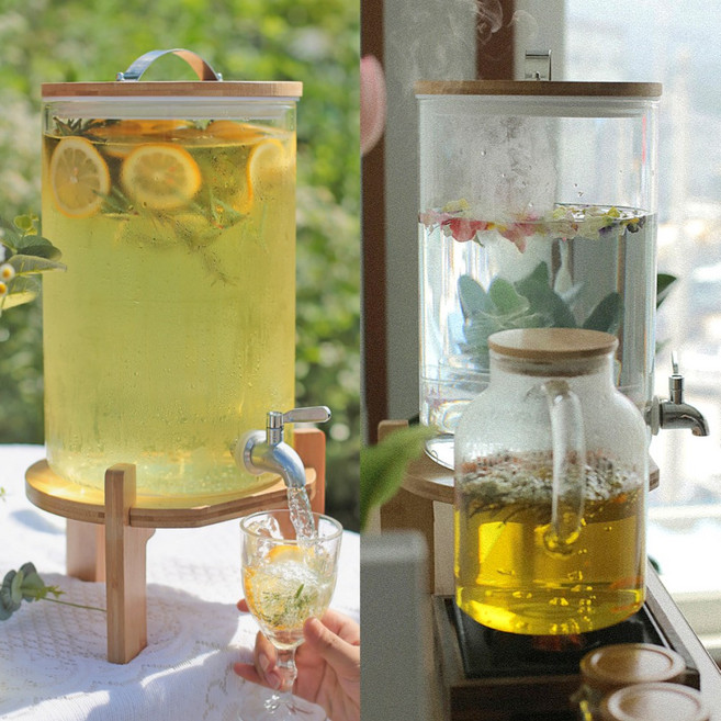 내열 유리 카페 물 음료 워터 주스 디스펜서, 1개, 5L, 우드감성투명