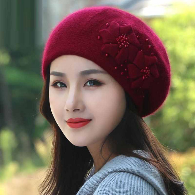 겨울 엄마용 베레모 여성 가을 겨울 보온 토끼털 니트 진주 베레모 JXH