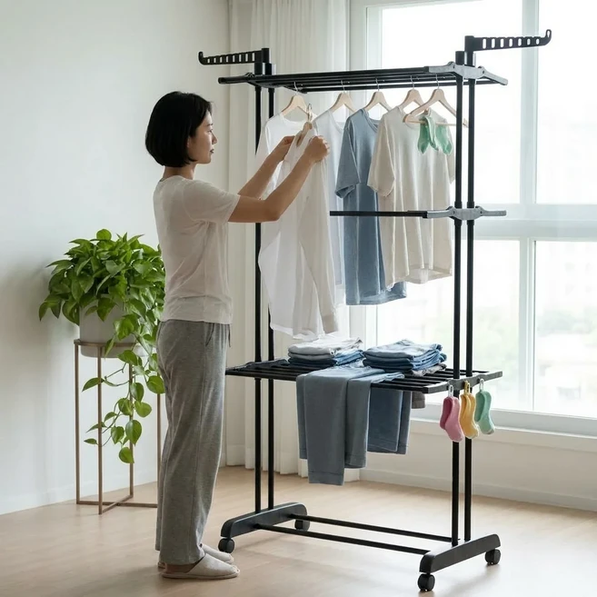 YULIFE 빨래건조대 4단 대형 접이식 튼튼한 이동식 빨래 건조대, 다크블랙