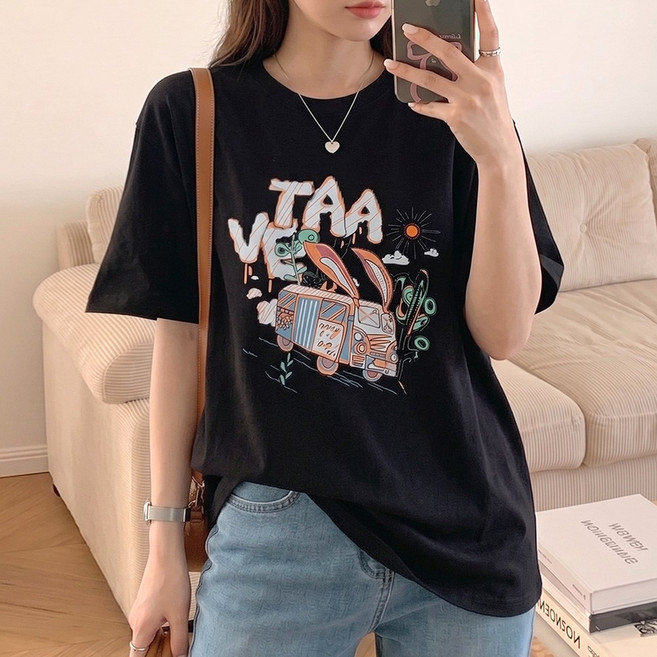 네모엔룩 그래픽티반팔 여성용 여리루즈핏 면100 박시 라운드넥 반소매 티셔츠