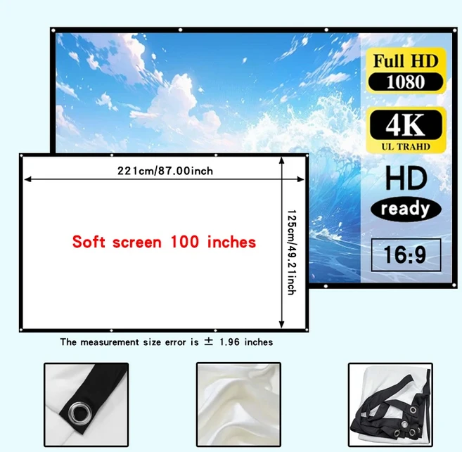 60-150인치 흰색 소프트 스크린 세탁 및 다림질 가능 설치가 용이함 드릴링 필요 없음 후크 포함, 05 100 인치