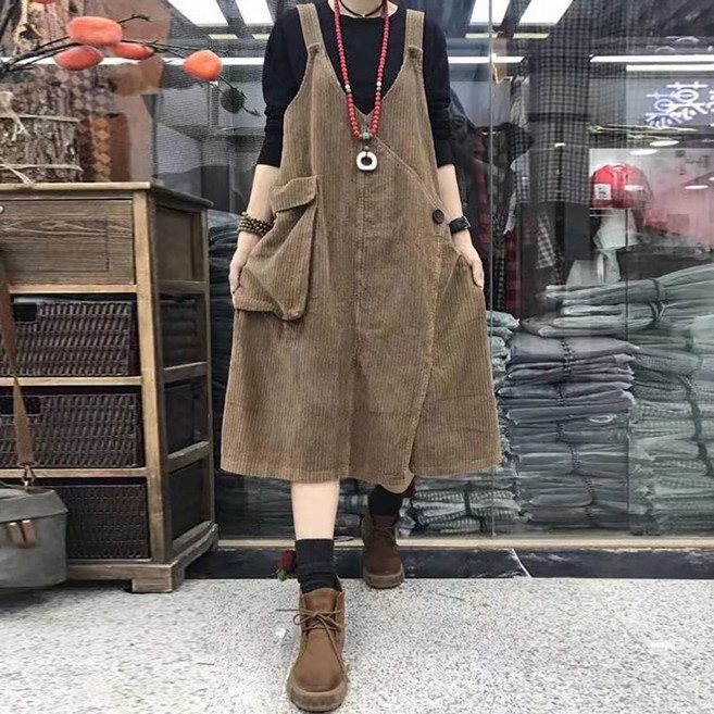 MOSAIRATION 여성용 코듀로이 멜빵 기모 원피스 루즈핏 대형 포켓 심플한 스타일 B0011307