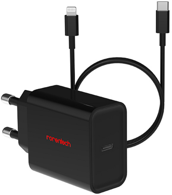 로랜텍 아이폰 20W 고속충전기 + C to 8핀 고속케이블 2m 세트, 블랙, 1개